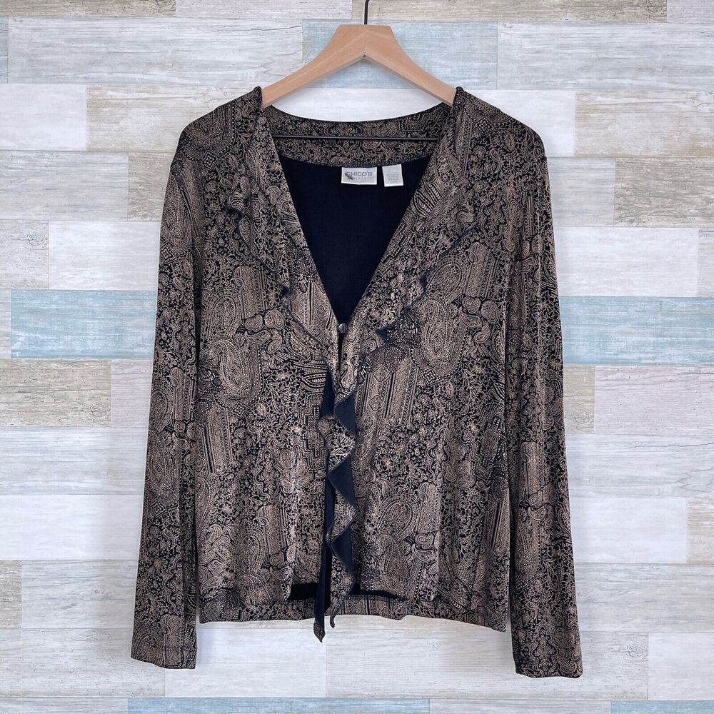 Chicos Travelers Ruffle 1 Button Cardigan Black Tan Paisley VTG Womens 0 Small